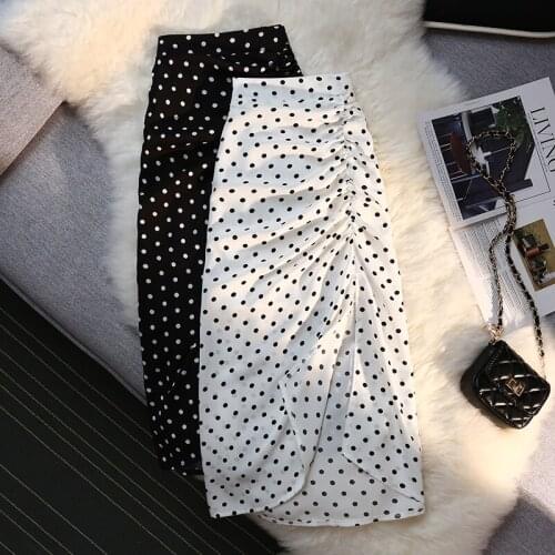 Polka dot skirt women summer knee length irregular high waist package hip skirt retro split one-step skirt