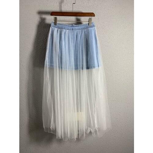 2020 Spring New Womens Street Personality Denim Stitching Gauze Skirt 0505