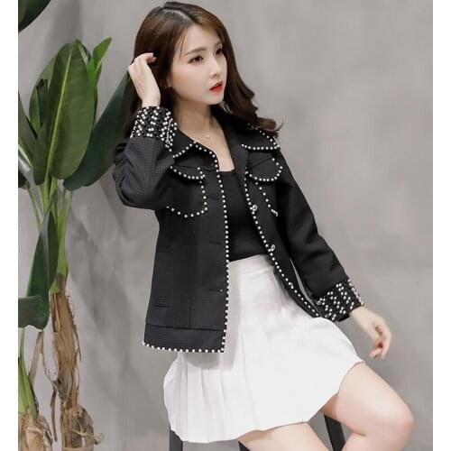 OL Style Spring Elegant Beading Slim Tweed Basic Coat Women Chic Rivet Streetwear Single Breasted Baseball Bomber Jacket Female
