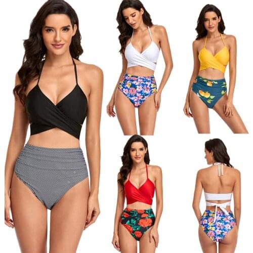 Female High Waist Bikinis 2 PCS Women Swimsuits Push Up Swimwear Ribbed Strap Bathing Suit Biquini Brazilian Bikini Set