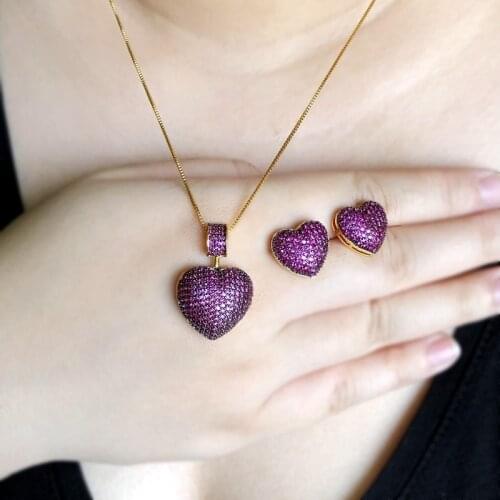 Heart Shape Paved Micro Multicolor Zirconia Stud Earrings Pendant Necklaces Fashion Jewelry Sets For Women Charm Party Jewelry