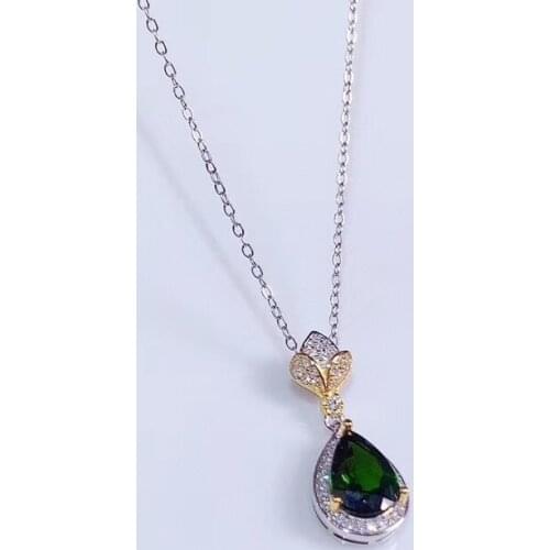 Elegant Lotus water drop Natural green diopside Necklace natural gemstone Pendant Necklace S925 silver girls women party Jewelry