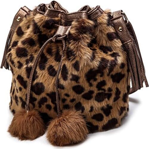 2021 Winter Velvet Womens Bucket Bag Large Capacity Leopard Female Shoulder Bag Rabbit Fur Winter Women Shoulder Bag