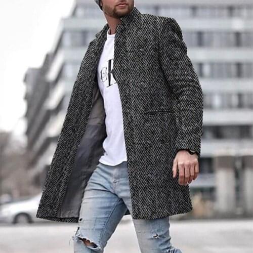 Plus Size Winter Men Windbreaker Long Fashion Simple Texture Coat Herringbone Thickened Men Jacket In Stock