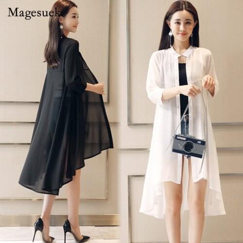 2021 Summer Chiffon Blouse Women Stand Collar Loose Tops Blouses Plus Size Chiffon Kimono Cardigan Boho Black White Shirts 4534