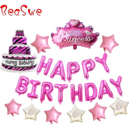 23pcs/lot Pink Foil Ballons Adult Happy Birthday balloons cake stars crown letters inflatable helium air balls baby shower party