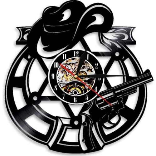 Cowboy Bandit Revolver Pistols Weapons Hat Art Decor 3D Wall Clock Vintage Vinyl Record Wall Clock Watches Gift For Cowboy Lover