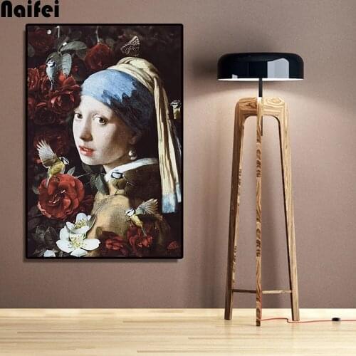 5D Diamond Embroidery Cross Stitch Coffee Home Decoration Diamond Painting Mosaic Works A Girl With Pearl Earrings Hoop Decor
