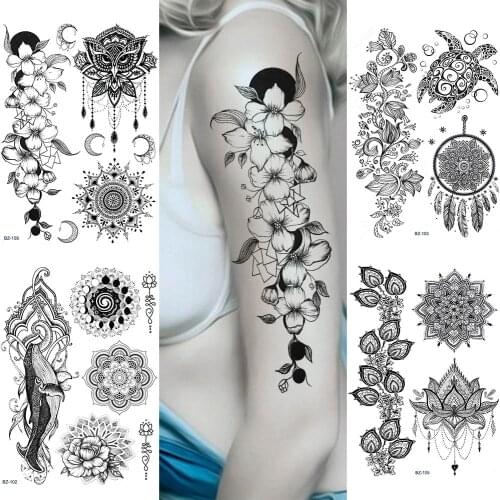 Large Bracelet Floral Owl Henna Mandala India Tattoos Sticker Fake Women Arm Temporary Tatoo Pendants Girls Black Birds Tattoos