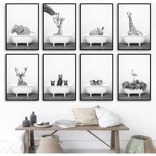 Baby Animal Bathtub Poster Giraffe Elephant Flamingos Pig Cow Raccoon Yak Canvas Painting Nordic Wall Art Picture Kid Room Decor