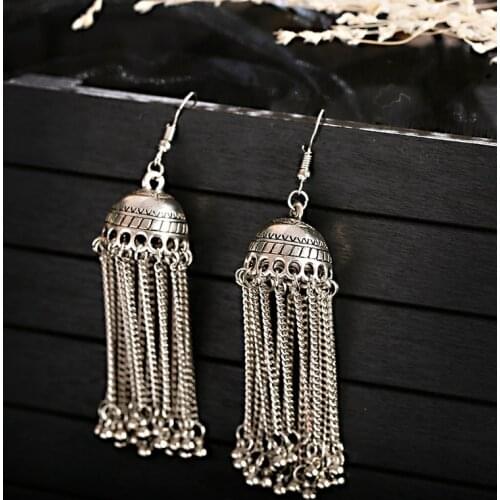 Ethnic Silver Color Long Tassel Indian Jhumka Earrings For Women Bell Gypsy Drop Earrings Tibetan Earrings Oorbellen