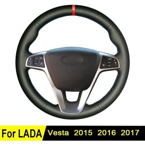 Car Steering Wheel Cover For Lada Vesta 2017 2016 2015 DIY Black Soft Genuine Leather Hand-stitched Wear-resistant