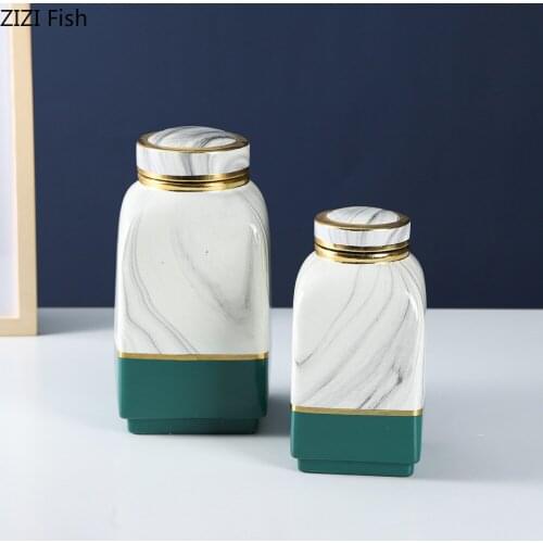 Imitation Marble Ceramic Jars with Lid Candy Jar Crystal Lids Tea Caddy Living Room Decoration Gilded Porcelain Storage Tank