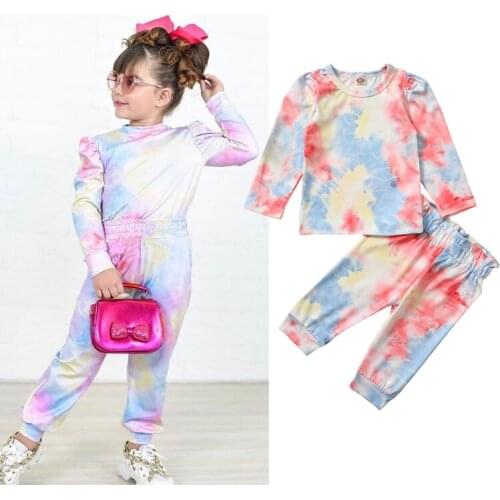 2 Pcs Baby Girl Tie Dye Printed Top Pants Sets Full Length Puff Sleeve Round Neck Pullover Top High Elastic Waist Pants Sets