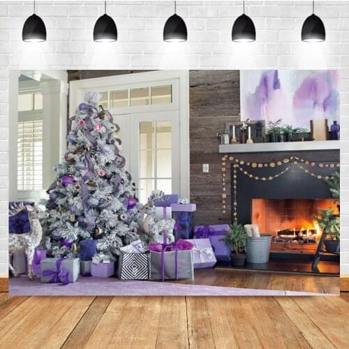 Laeacco Purple Christmas Tree Indoor Reindeer Gifts Fireplace Birthday Photo Photography Background Backdrop For Photo Studio