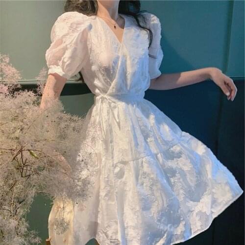 Summer White Fairy Dress Women Sweet Elegant V-neck Korean Party Dress Female Vintage Puff Sleeve Sashes One-piece Dress 2021