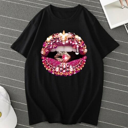 Summer Women T Shirt Harajuku Tee Casual Short Sleeve Bling Lips Print HipHop Oversized T-shirt Female Streetwear Tops Clothes