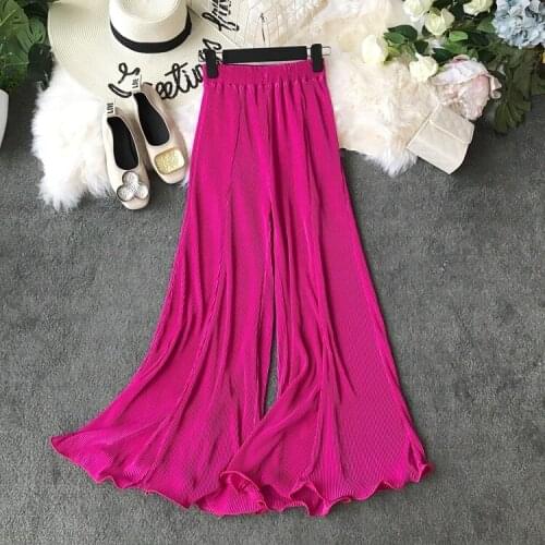 Fashion Pleated Solid Color Full Length Wide Leg Pants Women Casual Elastic Waist Loose Trousers