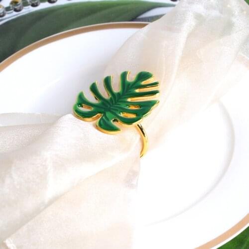 Gold Green Leaves Zinc Alloy Napkin Ring Set of Six Pieces Modern Home Kitchen Tabletop Decor Center Pieces Metal Napkin Circles