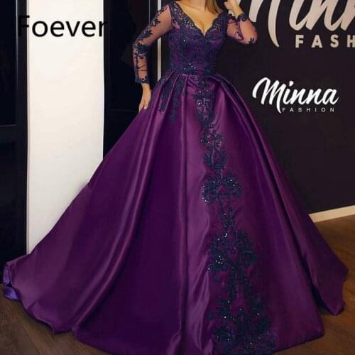 New Arrival V Neck Long sleeve evening dress 2019 Purple Dubai Arabic Formal dress Party abiye Ball gown evening dresses Long