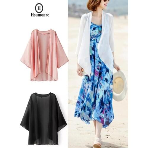 Solid Color Chiffon Cover Up Black Kimono White Loose Cardigan Pink 3/4 Bat Sleeve Shawl Bathing suit Bikini Swimwear Beachwear