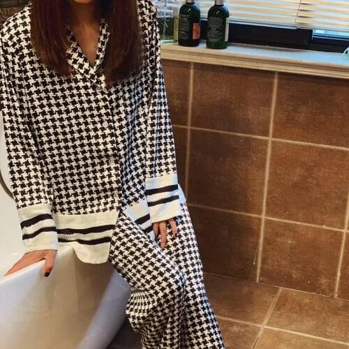 Two Pieces Set Pajamas for Women White Black Plaid Satin Silk Sleepwear Summer Spring Autumn Pjs Night Wear Lounge Wear Homewear