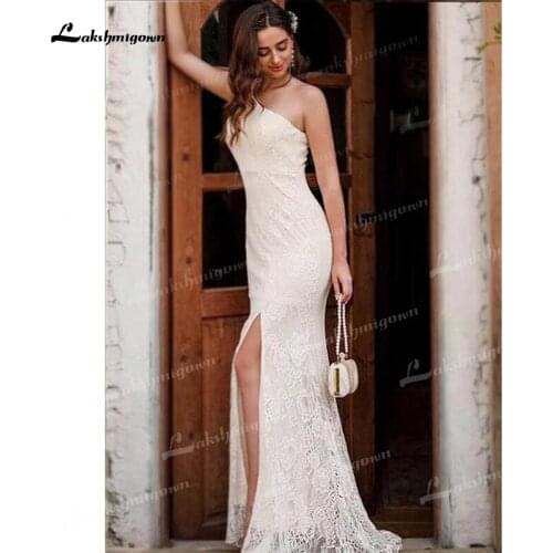 Simple Lace Sheath Wedding Dresses One Shoulder Neck Sleeveless Open Back With Zipper Side Split Sweep/Brush Train Bride Gowns