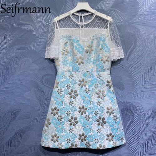 Seifrmann New 2021 Summer Women Fashion Designer Mini Dress Short Sleeve Lace High Waist Elegant Ladies Printed A-Line Dresses