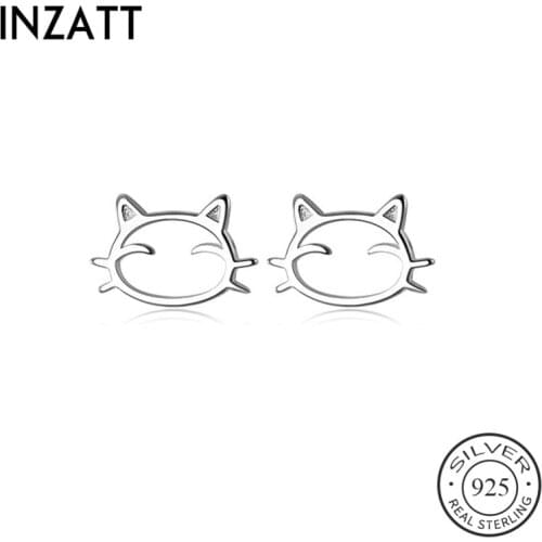 INZATT Real 925 Sterling Silver Hollow Cat Stud Earrings For Fashion Women Fine Jewelry Cute Animal Minimalist Accessories