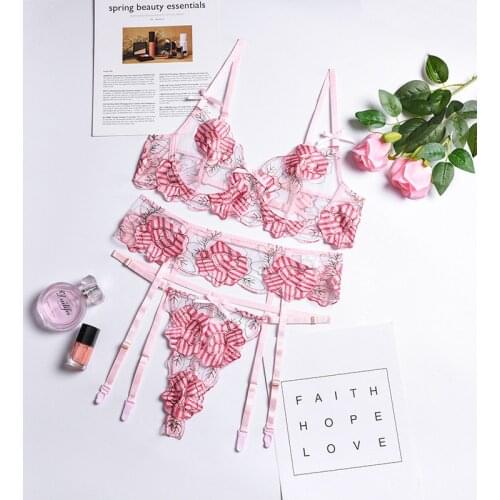 Mesh Perspective Underwear Set Women Sexy Lingerie Embroidery Push Up Bra Garter Brief Set Erotic Lingerie Set Sensual Lenceria