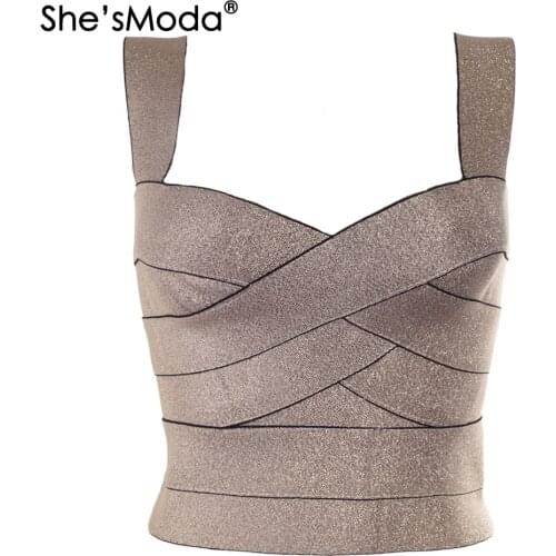 ShesModa Shining Gold Bandage Slim Sleeves Womens Spandex 2021 New Summer Cropped Tops Vest Tank Party Bachelorette Plus Size