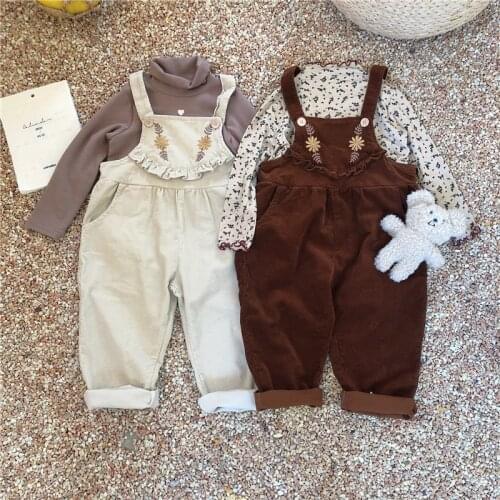 8627 Children Suspender Pant Autumn Winter 2021 Korean Strap Pants Girls' Baby Embroidered Retro Corduroy One-piece Clothes