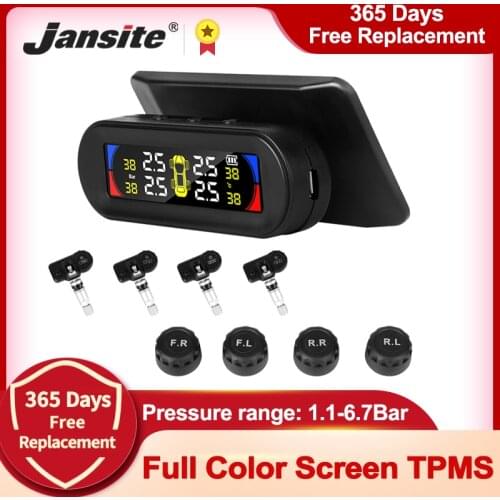 Jansite Car TPMS Tire Pressure Temperature Alarm Monitoring System Colorful Screen USB and Solar Power Charge tpms 1.1-6.7 Bar