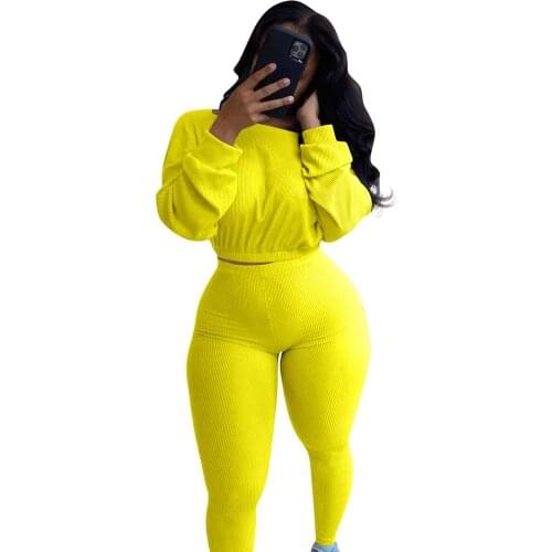Lounge wear Knit Rib Tracksuit Women Fitness O Neck Long Sleeve Sweater Crop Top with Leggings Bodycon Two Piece Set Outfits