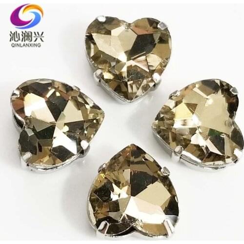 Light coffee heart shape top quality Glass Crystal claw rhinestones,sew on stone with holes for Diy Clothing accessories SWH04