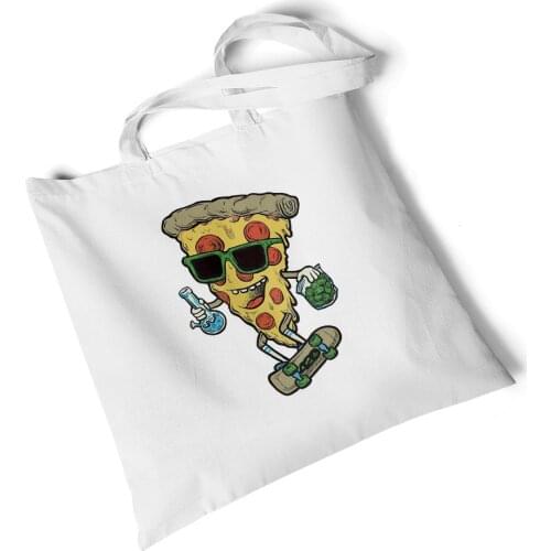 Focal20 Streetwear Pizza Cartoon Print Canvas Shoulder Bag Female Harajuku Funny Large-capacity Eco Environmental Shopper Bag