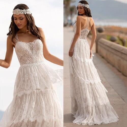 A Line Tiered Lace Wedding Dress Plus Size Nude Lining Princess Chic Boho Beach Plus Size Spaghetti Strap Photoshoot Bridal Gown