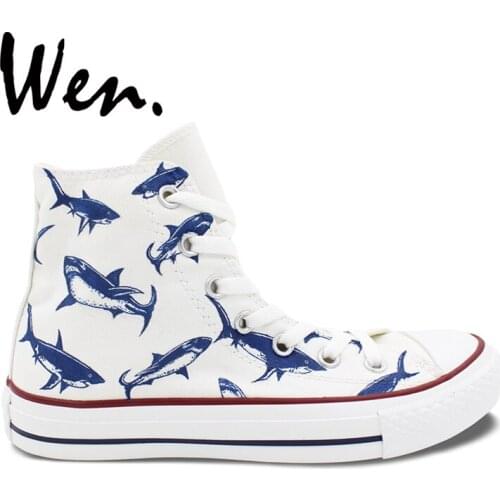 Wen Original Design Custom Hand Painted Shoes Shark Group High Top Canvas Shoes Men Womens Sneakers for Gifts