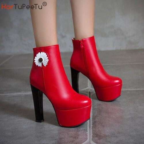 Winter Spring PU Leather Ankle Boots Women 5 Colour Platform Party Clube Super High Heel Shoes Chunky Fashion Floral Footwear