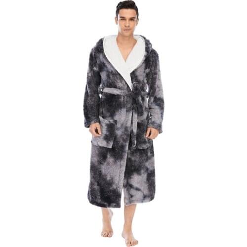 Winter Tie Dye Coral Fleece Mens Pajamas Nightgown Robe Warm Hooded Flannel Males Bathrobe Sleepwear Kimono Pijamas Home Clothes