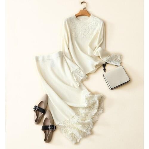 2021 autumn new styles cashmere wool womens set chic lace up pullovers plus stylish skirt knitted