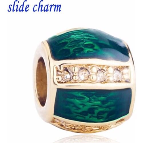 Slide charm Free shipping classic Valentines Day gift Crystal white green enamel egg charm beads fit Pandora charm bracelet