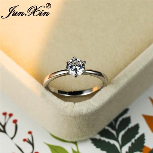Classic Female Crystal Round Stone Rings For Women Silver Color Clear White Zircon Wedding Engagement Thin Ring Band Jewelry Cz