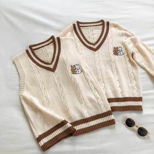 Korean Preppy Style Contast Color Temperament Sweaters V-neck Cartoon Embroidery Cable-knit Pullovers 2021 Fall Chic Sweet Tops