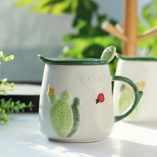 Creative Oat Breakfast Coffee Cups And Cactus Coffe Cup Childrens Travel Mug With Lid Spoon Ceramic Super Cute Mugs Drinkware