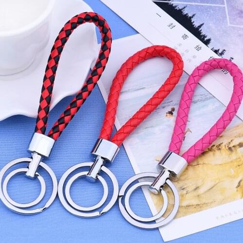 Hot Sale Top Popular Fashion Weave PU Leather Key Chains Snap Button Keychain Jewelry For Men Women Solid color Key rings