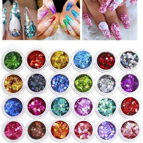 Lot 24 pcs Mixed Design Nail Art Glitter Sparkly Paillette Dust Powder Beauty Decoration Nail Glitter for UV GEL Acrylic,HJHJ220