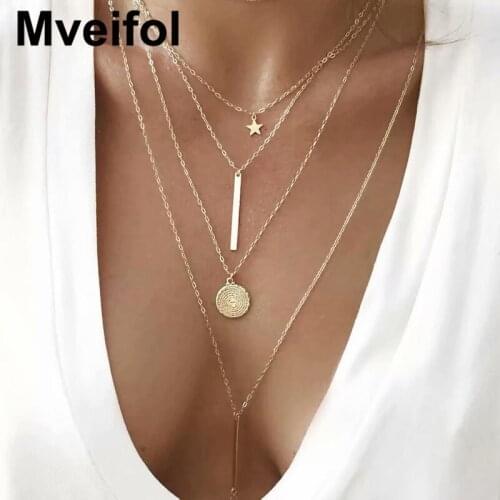 Mveifol Bohemian Multi Layered Necklace for Women Fashion Star Disc Bar Geometric Choker Necklace Collar Statement Jewelry