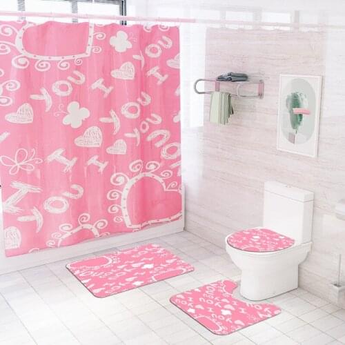 Valentines Day Home Decoration Bath Mat Set Love Printing Polyester Waterproof Shower Curtain Toilet Mat Bath Mat Set