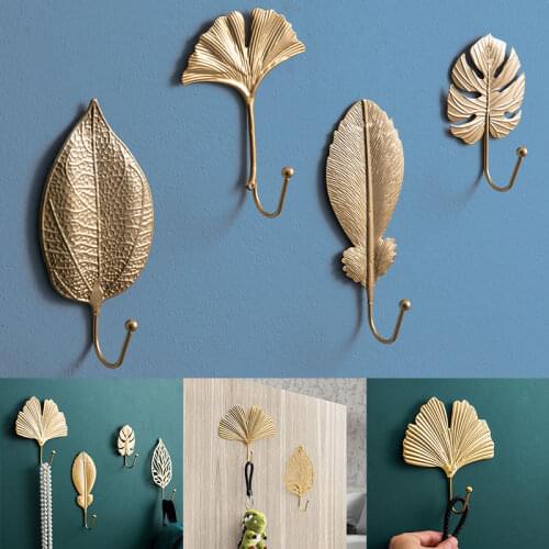 Nordic Light Luxury Golden Leaves Wall Hooks for Hanging Clothes No-punch Wall Hanger Coat Key Holder Hook Decor Home Organizer